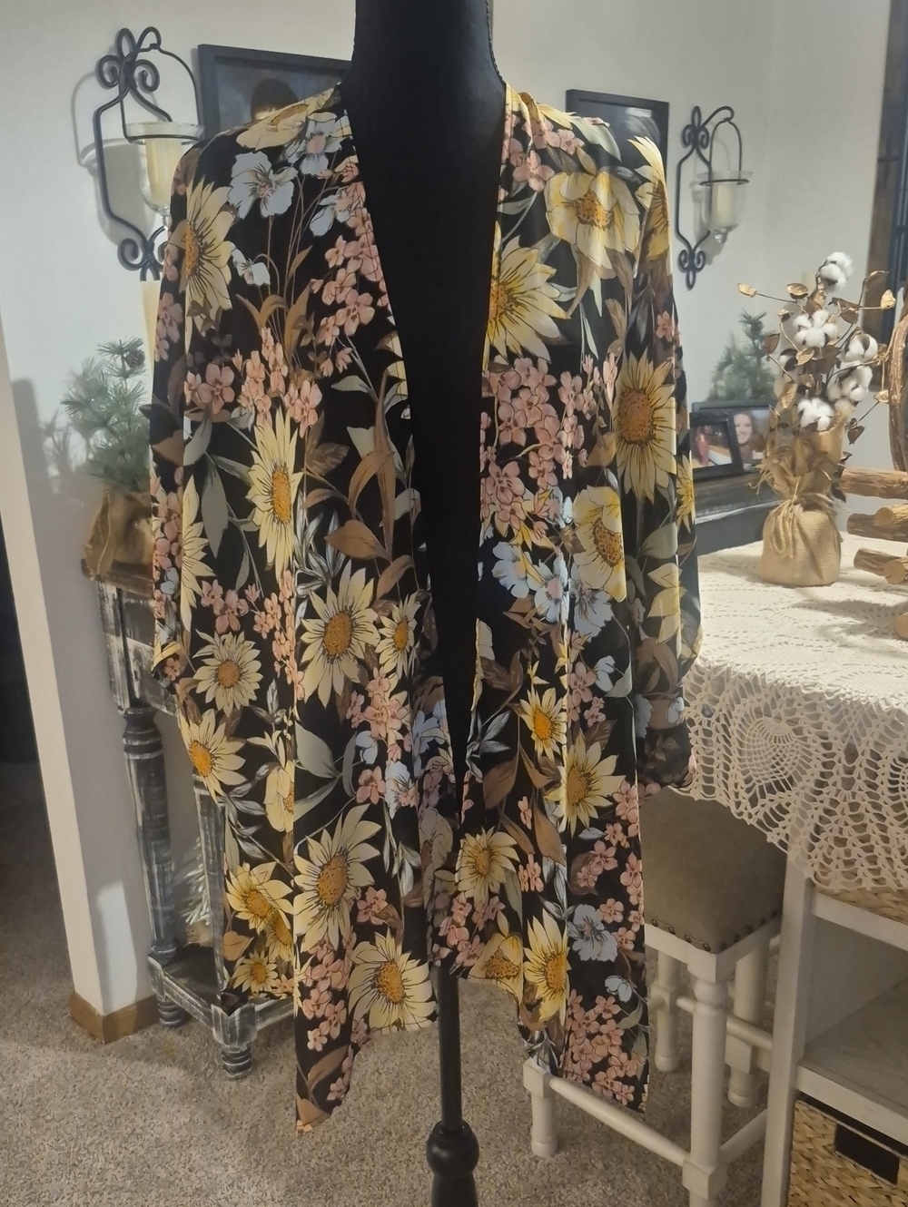 Floral Open-Front Kimono Cardigan - Black with Yellow Sunflowers & Pink Flowers